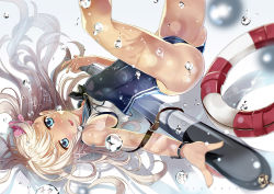 Rule 34 | 10s, 1girl, blonde hair, blue eyes, crop top, flower, hair flower, hair ornament, kantai collection, lifebuoy, long hair, open mouth, ro-500 (kancolle), school swimsuit, solo, swim ring, swimsuit, swimsuit under clothes, tan, tanline, teeth, tongue, torpedo, underwater, xephonia
