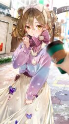Rule 34 | 1girl, :o, adjusting scarf, ahoge, arch, blurry, blurry foreground, blush, bow, breath, brown hair, building, butterfly ornament, cowboy shot, cup, day, disposable cup, fur-trimmed jacket, fur trim, girl cafe gun, hair bun, hairband, hand up, highres, holding, holding cup, jacket, long skirt, long sleeves, looking at viewer, manhole cover, medium hair, official art, one side up, outdoors, pov, pov hands, purple jacket, purple scarf, purple sweater, road, scarf, scarf bow, sharing food, single side bun, skirt, snow, snowing, solo focus, stone floor, street, su xiaozhen, sweater, sweater jacket, white hairband, white skirt, winter, yellow eyes