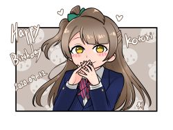 Rule 34 | 1girl, artist name, artist request, blue jacket, blush, bow, breasts, brown eyes, brown hair, cjrb1228, collared shirt, female focus, green bow, grey hair, hair bow, hands up, heart, highres, jacket, light brown hair, long hair, looking at viewer, love live!, love live! school idol project, minami kotori, parted lips, red bow, school uniform, shirt, side ponytail, smile, solo, striped, striped bow