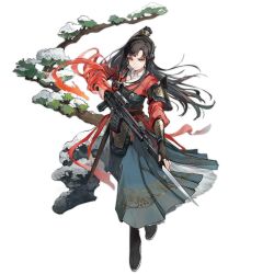 Rule 34 | 1girl, bayonet, black footwear, black gloves, black hair, blue skirt, boots, branch, closed mouth, fingerless gloves, full body, girls&#039; frontline, gloves, gun, headset, high ponytail, highres, holding, holding gun, holding weapon, imoko (imonatsuki), japanese clothes, kimono, long skirt, long sleeves, looking at viewer, official alternate costume, official art, orange eyes, pouch, qbz-191, qbz-191 (girls&#039; frontline), qbz-191 (lone pine walker) (girls&#039; frontline), red kimono, red ribbon, rerebrace, ribbon, rock, scope, serious, simple background, skirt, snow, solo, third-party source, transparent background, vambraces, weapon