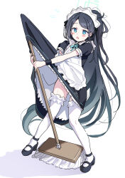 Rule 34 | 1girl, absurdres, apron, aris (blue archive), aris (maid) (blue archive), black dress, black footwear, black hair, blue archive, blue eyes, blush, clothes lift, dress, dress lift, full body, halo, highres, holding, holding mop, long hair, maid, maid headdress, mop, open mouth, shoes, short sleeves, simple background, solo, standing, taotao, thighhighs, very long hair, white apron, white background, white thighhighs