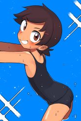 Rule 34 | 1girl, absurdres, ass, bare shoulders, black one-piece swimsuit, blue background, blush, brown eyes, brown hair, dark-skinned female, dark skin, disney, earrings, flat chest, hair ornament, hairclip, highres, jewelry, lakilolom, looking at viewer, luz noceda, one-piece swimsuit, school swimsuit, short hair, solo, stud earrings, swimsuit, the owl house, thighs, wet