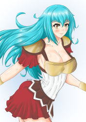 Rule 34 | 1girl, :d, armor, blue hair, blush, breasts, cleavage, gladiator, gold armor, keikyu (tiltedcube), large breasts, long hair, looking at viewer, miniskirt, open mouth, orange eyes, original, pauldrons, red skirt, shoulder armor, skirt, smile, solo