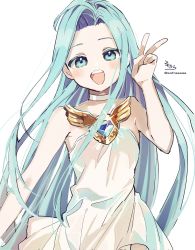 Rule 34 | 1girl, :d, absurdres, blue eyes, blue hair, blush, choker, dress, forehead, granblue fantasy, hand up, highres, long hair, looking at viewer, lyria (granblue fantasy), open mouth, parted bangs, round teeth, signature, simple background, smile, sofra, solo, strapless, strapless dress, teeth, twitter username, upper teeth only, v, very long hair, white background, white choker, white dress