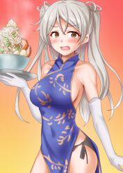 Rule 34 | 1girl, anti (untea9), black panties, blue dress, bowl, breasts, brown eyes, china dress, chinese clothes, conte di cavour (kancolle), dress, elbow gloves, food, gloves, gradient background, grey hair, highres, holding, holding food, holding tray, jirou (ramen), kantai collection, large breasts, long hair, noodles, panties, pelvic curtain, ramen, side-tie panties, sideboob, solo, tray, underwear, white gloves, yellow background
