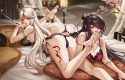 Rule 34 | 2girls, anklet, ass, bare legs, barefoot, beidou (genshin impact), black legwear, black panties, bra, breasts, brown hair, commentary request, dress, eyepatch, feet, feet up, foot worship, genshin impact, hair ornament, hair over one eye, hair stick, highres, holding, holding another&#039;s foot, holding smoking pipe, indoors, jewelry, kacyu, large breasts, leg tattoo, licking, licking foot, long hair, looking at viewer, lying, multiple girls, multiple rings, nail polish, ningguang (genshin impact), no shoes, on bed, on stomach, panties, parted bangs, parted lips, pink nails, red bra, red eyes, red nails, red panties, revision, ring, short dress, side-tie panties, smoking pipe, tattoo, thighhighs, toe ring, toenails, toes, tongue, tongue out, underwear, underwear only, very long hair, white hair, yuri