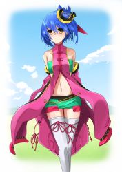Rule 34 | 1girl, :&lt;, absurdres, ar tonelico, ar tonelico ii, arms behind back, bandeau, bare shoulders, blue hair, cloud, day, detached sleeves, female focus, folded ponytail, gust, hair ornament, hazuki akaoto, highres, luca truelywaath, nature, navel, outdoors, short hair, sky, solo, thighhighs, white thighhighs, yellow eyes, zettai ryouiki