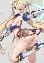 Rule 34 | 1girl, akatuki ikki, armpits, ass, blonde hair, blue eyes, blush, boots, bradamante (fate), bradamante (third ascension) (fate), braid, breasts, cleavage, crown braid, elbow gloves, fate/grand order, fate (series), gloves, hair between eyes, hair ribbon, highres, knee boots, large breasts, legs folded, long hair, looking at viewer, open mouth, outstretched arm, ribbon, simple background, solo, twintails