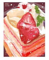 Rule 34 | border, cake, cake slice, dated, dessert, food, food focus, fruit, icing, leaf, matsuyama kojika, no humans, original, still life, strawberry, strawberry shortcake, white border