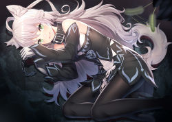 Rule 34 | 1girl, afterimage, ahoge, animal ears, arms up, atalanta (fate), atalanta alter (fate), atalanta alter (first ascension) (fate), bare shoulders, black collar, black dress, black pantyhose, blush, braid, breasts, cat teaser, chain, collar, commentary request, detached sleeves, dress, fate/grand order, fate (series), feet out of frame, green eyes, hair between eyes, long hair, long sleeves, looking at viewer, lying, medium breasts, motion blur, no shoes, nose blush, on side, pantyhose, parted lips, ririko (zhuoyandesailaer), silver hair, sleeveless, sleeveless dress, smile, solo, tail, very long hair, wolf ears, wolf girl, wolf tail