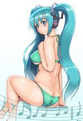 Rule 34 | 1girl, ass, back, bikini, blue eyes, blue hair, blush, breasts, butt crack, covered erect nipples, female focus, from behind, hatsune miku, headset, highres, large breasts, long hair, looking back, matching hair/eyes, musical note, orizen, pout, shiny skin, sitting, skindentation, solo, staff (music), swimsuit, thighs, twintails, underboob, vocaloid