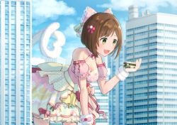 Rule 34 | 1girl, blue sky, bow, breasts, brown hair, building, bus, cat tail, city, cleavage, cloud, commission, dress, fake tail, giant, giantess, green eyes, hair bow, heart, heart tail, idolmaster, idolmaster cinderella girls, large breasts, maekawa miku, motor vehicle, open mouth, pink bow, pink dress, short hair, skeb commission, sky, skyscraper, smile, solo, tail, tori ririisu, wrist cuffs