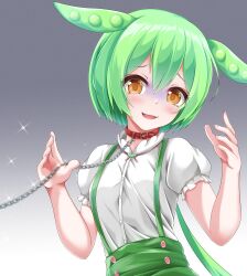 Rule 34 | 1girl, absurdres, blush, breasts, buttons, chain, commentary request, cowboy shot, frilled sleeves, frills, gloom (expression), gradient background, green hair, green shorts, green suspenders, grey background, hair between eyes, highres, leash, long hair, looking at viewer, medium bangs, muki (munikichan), open mouth, pea pod, personification, puffy short sleeves, puffy sleeves, shirt, shirt tucked in, short sleeves, shorts, small breasts, smile, solo, suspender shorts, suspenders, voicevox, white shirt, yellow eyes, zundamon