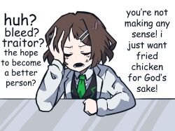 Rule 34 | 1girl, anger vein, black vest, brown hair, closed eyes, coco (556ch0cl8), collared shirt, comic sans, english text, green necktie, hair ornament, hairclip, hand on own head, highres, lab coat, limbus company, long sleeves, necktie, open mouth, project moon, shirt, short hair, shrenne (project moon), solo, vest, white shirt