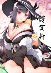 Rule 34 | &gt; &lt;, 1girl, absurdres, azur lane, bare shoulders, black flower, black hair, black hat, black kimono, black rose, breasts, cleavage, cross, cross necklace, feet out of frame, flower, happy new year, hat, hat flower, heart, highres, hime cut, iron cross, japanese clothes, jewelry, kimono, large breasts, long hair, looking at viewer, manjuu (azur lane), necklace, nengajou, new year, off shoulder, official alternate costume, omikuji, origami aya, peter strasser (azur lane), peter strasser (chronos&#039;s kalendae) (azur lane), pink flower, purple eyes, rose, solo, very long hair, wide sleeves