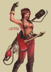 Rule 34 | 1girl, axe, bikini, breasts, female focus, flamethrower, gloves, guitar, instrument, pyro (tf2), red pyro (tf2), simple background, solo, swimsuit, team fortress 2, weapon
