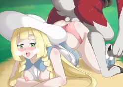 Rule 34 | 1girl, absurdres, all fours, ass, ass-to-ass, ass-to-ass penetration, bestiality, blonde hair, braid, breasts, breasts out, clothing aside, creatures (company), dress, furry, game freak, gen 7 pokemon, green eyes, hetero, highres, knotting, lillie (pokemon), long hair, lycanroc, lycanroc (midnight), medium breasts, nintendo, nipples, nivi, open mouth, panties, panties aside, pink panties, pokemon, pokemon sm, pokephilia, tongue, tongue out, twin braids, underwear, white dress