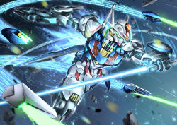 Rule 34 | beam rifle, beam saber, commentary request, dual wielding, energy gun, funnels (gundam), glowing, glowing eyes, green eyes, gun, gundam, gundam aerial, gundam suisei no majo, highres, holding, holding gun, holding sword, holding weapon, light particles, mecha, mobile suit, no humans, robot, science fiction, solo, sword, troy (oxaa01ex), twisted torso, v-fin, weapon