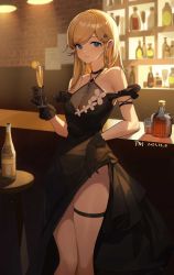Rule 34 | 1girl, absurdres, alcohol, bare shoulders, black dress, black gloves, blonde hair, blue eyes, blush, brooch, champagne flute, character request, commentary, copyright request, corrupted metadata, cup, dated, dress, drinking glass, feet out of frame, gloves, guangsupaomian, hair ornament, hairclip, hand up, highres, holding, holding cup, indoors, jewelry, long hair, looking at viewer, parted lips, smile, solo, standing, thigh strap, thighs, whiskey, wine glass