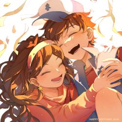 Rule 34 | 1boy, 1girl, 2021, :d, ahoge, baseball cap, bill cipher, birthday, blush, brother and sister, brown hair, closed eyes, confetti, dipper pines, earrings, eden (eden871225), gravity falls, hairband, hand on another&#039;s shoulder, happy birthday, hat, holding hands, hug, jewelry, knee up, long hair, mabel pines, open mouth, popped collar, shirt, short hair, siblings, smile, star (symbol), star earrings, sweater, t-shirt, twins, vest