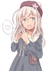 Rule 34 | 1girl, alakoala, alternate costume, bag, beret, black dress, blonde hair, blue eyes, braid, brown hat, commentary request, cowboy shot, dress, fingers together, handbag, hat, heart, kantai collection, long hair, one-piece tan, open mouth, ro-500 (kancolle), round teeth, simple background, solo, spoken heart, tan, tanline, teeth, upper teeth only, white background