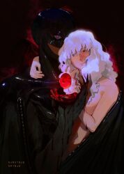Rule 34 | 2boys, arm around neck, bare shoulders, behelit, berserk, black cape, blood, blood on hands, cape, claws, commentary, covering privates, dark persona, dual persona, english commentary, femto (berserk), floating, floating object, griffith (berserk), hair between eyes, hand grab, highres, holding, long hair, looking at object, looking at viewer, multiple boys, naruysae, white hair