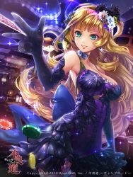 Rule 34 | 10s, 1girl, 2013, blonde hair, breasts, casino, choker, cleavage, contrapposto, dress, earrings, elbow gloves, female focus, flower, furyou michi ~gang road~, gloves, green eyes, hair flower, hair ornament, jewelry, large breasts, long hair, official art, original, parted lips, print gloves, purple dress, smile, solo, sparkle, standing, wooju