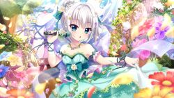 Rule 34 | 1girl, arm garter, arm ribbon, bare shoulders, blue eyes, blue flower, blue ribbon, blurry, blurry foreground, breasts, dot nose, dress, falling petals, film grain, flower, game cg, green dress, green skirt, hair bun, holding, holding microphone, ivy, izumi tsubasu, jewelry, lens flare, looking at viewer, microphone, necklace, nishidate haku, non-web source, official art, open mouth, petals, re:stage!, red flower, ribbon, rose, screen, short hair, sidelocks, skirt, skirt hold, small breasts, solo, sparkle, strapless, strapless dress, white flower, white hair, white rose, yellow flower