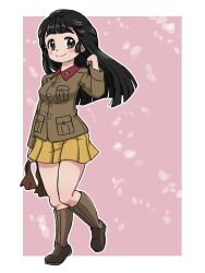 Rule 34 | 1girl, alternate hairstyle, black eyes, black hair, blunt bangs, blunt ends, blush stickers, boots, brown footwear, brown jacket, chi-hatan military uniform, closed mouth, commentary, girls und panzer, hair down, hair ribbon, hand in own hair, hasegawa tatsu, holding, holding ribbon, jacket, knee boots, long hair, long sleeves, looking at viewer, military, military uniform, miniskirt, outline, outside border, pink background, pleated skirt, ribbon, unworn ribbon, skirt, smile, solo, standing, takahashi kurage, textless version, uniform, white outline, yellow skirt