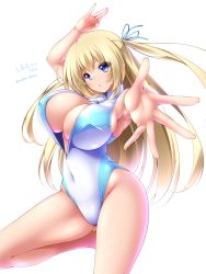 Rule 34 | &gt;:o, 10s, 1girl, :o, alternate breast size, amagi brilliant park, armpits, bad id, bad twitter id, bare shoulders, blonde hair, blue eyes, blue ribbon, blush, breasts, center opening, cleavage, covered erect nipples, covered navel, cowboy shot, foreshortening, front zipper swimsuit, gluteal fold, hair ribbon, highleg, highleg leotard, highres, large breasts, leotard, long hair, looking at viewer, meme attire, midoriiro no shinzou, one-piece swimsuit, ribbon, shiny skin, sideboob, sleeveless, solo, swimsuit, sylphy (amaburi), twitter username, two side up, unzipped, v-shaped eyebrows, very long hair, white background