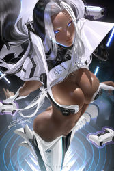 Rule 34 | 1girl, artist name, ass, banned artist, black hair, blue eyes, boots, breasts, butt crack, closed mouth, colored eyelashes, controller, dark-skinned female, dark skin, floating hair, game console, game controller, high heels, large breasts, long hair, looking at viewer, multicolored hair, navel, playstation 5, playstation controller, ps5 chan, solo, thigh boots, two-tone hair, very long hair, white hair, zumi (zumidraws)