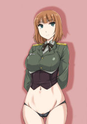 Rule 34 | 1girl, arms behind back, black panties, black ribbon, blue eyes, brave witches, breasts, brown hair, cameltoe, cleft of venus, closed mouth, commentary request, cowboy shot, dress shirt, gluteal fold, green jacket, grey shirt, gundula rall, highres, jacket, large breasts, light frown, long sleeves, looking at viewer, lowleg, lowleg panties, midriff, military, military uniform, navel, neck ribbon, no pants, panties, partial commentary, pink background, pussy, pussy peek, ribbon, shirt, short hair, simple background, skindentation, solo, standing, thighs, underbust, underwear, uniform, wan&#039;yan aguda, wing collar, world witches series