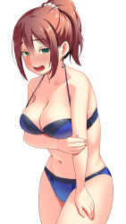 Rule 34 | 1girl, bikini, blue bikini, breasts, brown hair, cleavage, collarbone, commentary request, cowboy shot, green eyes, highres, holding own arm, large breasts, leaning forward, medium hair, open mouth, original, ponytail, round teeth, simple background, solo, swimsuit, teeth, upper teeth only, wagemappa, white background