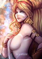 Rule 34 | 1girl, aphrodite (mythology), artist name, blonde hair, breasts, character request, check character, earrings, greek mythology, jewelry, large breasts, long hair, looking at viewer, namwhan, sideboob, solo