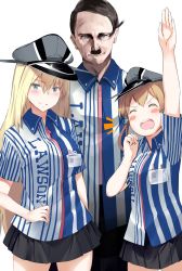 Rule 34 | 10s, 1boy, 2girls, adolf hitler, arm up, bad id, bad pixiv id, bismarck (kancolle), blonde hair, blue eyes, blush, blush stickers, closed eyes, employee uniform, hand on own hip, hat, hews, highres, kantai collection, lawson, long hair, miniskirt, multiple girls, mustache, object behind ear, peaked cap, pencil behind ear, prinz eugen (kancolle), real life, simple background, skirt, smile, toothbrush mustache, uniform, white background