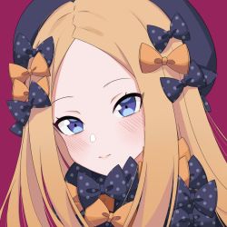 Rule 34 | 1girl, abigail williams (fate), alzcats, bad id, bad pixiv id, black bow, black headwear, blonde hair, blue eyes, blush, bow, commentary, fate/grand order, fate (series), multiple bows, orange bow, parted bangs, pink background, polka dot, polka dot bow, portrait, simple background, solo