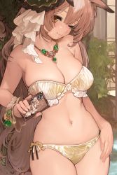 Rule 34 | 1girl, ;), ai-assisted, animal ears, anmary ikunai, bikini, breasts, brown eyes, brown hair, cellphone, cleavage, closed mouth, cowboy shot, highres, holding, holding phone, horse ears, horse girl, jewelry, large breasts, long hair, looking at viewer, navel, necklace, one eye closed, phone, satono diamond (umamusume), skindentation, smartphone, smile, solo, standing, stomach, strapless, strapless bikini, swimsuit, umamusume, very long hair, wrist cuffs