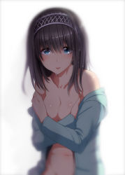 Rule 34 | 10s, 1girl, black hair, blue eyes, blush, breasts, covering privates, covering breasts, hairband, idolmaster, idolmaster cinderella girls, long hair, long sleeves, looking at viewer, murasame nohito, navel, open clothes, open mouth, open shirt, out-of-frame censoring, sagisawa fumika, shirt, smile, solo, sweat
