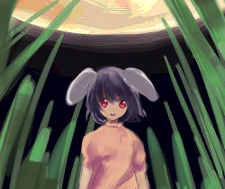 Rule 34 | 1girl, animal ears, bamboo, bamboo forest, rabbit ears, female focus, forest, hizu, inaba tewi, moon, nature, noise (hakusen), open mouth, red eyes, solo, touhou