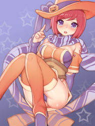 Rule 34 | 1girl, bad id, bad pixiv id, breasts, cleavage, female focus, folks (nabokof), hat ornament, highres, jack-o&#039;-lantern, large breasts, nel zelpher, red hair, scarf, short hair, solo, star ocean, star ocean till the end of time, striped clothes, striped scarf, tattoo, thighhighs