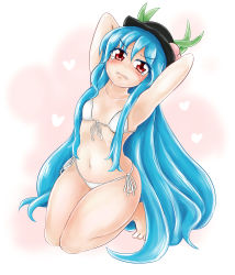Rule 34 | 1girl, armpits, arms behind head, arms up, barefoot, bikini, blue hair, blush, breasts, clenched teeth, curvy, flat chest, food, fruit, gradient background, hat, heart, heart background, highres, hinanawi tenshi, king (ougon kingyo-bachi), kneeling, long hair, looking at viewer, navel, peach, red eyes, ribs, small breasts, solo, swimsuit, tears, teeth, thick thighs, thighs, touhou, very long hair, wide hips