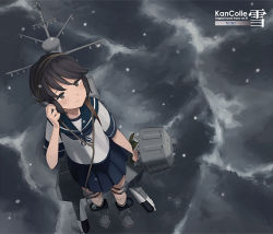 Rule 34 | 1girl, adapted turret, black hair, blue sailor collar, blue skirt, brown eyes, cannon, commentary request, cover, from above, full body, headphones, kantai collection, machinery, miyuki (kancolle), official art, pleated skirt, sailor collar, school uniform, serafuku, shibafu (glock23), short hair, skirt, solo, standing, torpedo launcher, turret, water