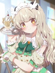Rule 34 | 1girl, alternate costume, blurry, blurry background, blush, character request, clothing cutout, commentary request, curtains, gloves, grey hair, hair between eyes, hair ornament, highres, indie virtual youtuber, kotori inaka, maid day, maid headdress, parfait, shoulder cutout, smile, solo, tray, virtual youtuber, window, yellow eyes