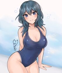 Rule 34 | 1girl, alternate costume, artist name, bare shoulders, black hair, blue eyes, blue one-piece swimsuit, blush, breasts, byleth (female) (fire emblem), byleth (fire emblem), cleavage, collarbone, fire emblem, fire emblem: three houses, highres, large breasts, looking at viewer, medium hair, nintendo, one-piece swimsuit, purrlucii, solo, swimsuit