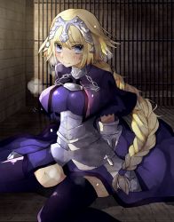 Rule 34 | 1girl, armor, blonde hair, blush, braid, breasts, chain, dress, fate/apocrypha, fate (series), headgear, jeanne d&#039;arc (fate), jeanne d&#039;arc (ruler) (fate), large breasts, long hair, looking at viewer, purple eyes, solo, thighhighs, very long hair