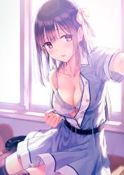 Rule 34 | 1girl, belt, black thighhighs, blush, bow, bra, breasts, buttons, cleavage, collar, collarbone, collared dress, commentary request, dress, hair bow, hair ornament, hiten (hitenkei), long hair, looking at viewer, medium breasts, original, purple eyes, reaching, reaching towards viewer, selfie, shoes, short sleeves, sitting, solo, sunlight, thighhighs, unbuttoned, underwear, undressing, window, windowsill, zettai ryouiki