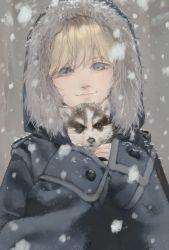 Rule 34 | 1boy, animal, animal in clothes, blonde hair, buttons, closed mouth, coat, dog, eyelashes, fur, hana (dqkmb362), highres, hood, long sleeves, male focus, original, portrait, sleeves past wrists, smile, snow, snowing, solo, upper body