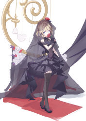 1girl absurdres azur_lane bare_shoulders black_dress black_flower black_gloves black_rose blonde_hair blue_eyes bouquet breasts covered_navel dress flower full_body gloves hair_flower hair_ornament hair_over_one_eye hand_up high_heels highres holding holding_flower layered_dress looking_at_viewer medium_breasts medium_hair red_flower red_rose rose see-through_clothes see-through_dress see-through_midriff shixin_canyi sleeveless sleeveless_dress smelling_flower solo standing thighhighs veil wedding_dress white_flower white_rose z23_(azur_lane) z23_(schwarze_hochzeit)_(azur_lane)