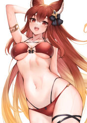 Rule 34 | 1girl, :d, animal ears, anthuria, arm behind back, arm behind head, armlet, bikini, black ribbon, blonde hair, breasts, collarbone, erune, gradient hair, granblue fantasy, hair ribbon, highres, koretsuki azuma, looking at viewer, medium breasts, multicolored hair, navel, open mouth, red bikini, red eyes, red hair, ribbon, simple background, smile, solo, standing, swimsuit, wet, white background