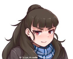 Rule 34 | 1girl, blue scarf, blunt bangs, blush, brown hair, closed mouth, commentary, disco brando, hair bun, idolmaster, idolmaster cinderella girls, kamiya nao, long hair, looking at viewer, plaid, plaid scarf, red eyes, scarf, scowl, simple background, single hair bun, solo, thick eyebrows, upper body, white background